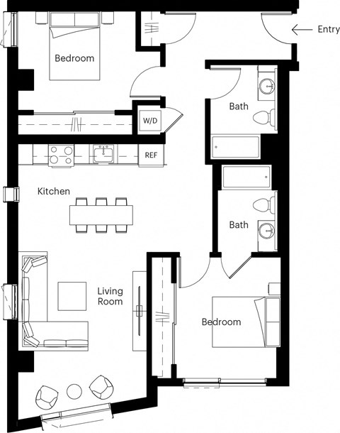 Floor plan for 2 beds, 2 baths, 979 sqft